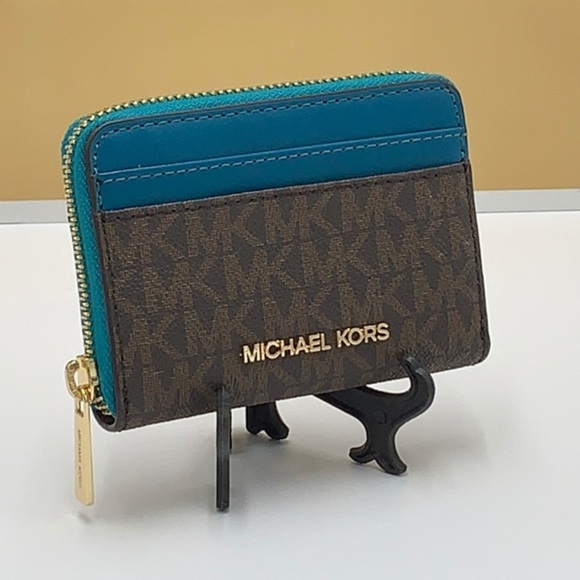 Michael Kors Handbags - MICHAEL KORS JET SET TRAVEL MEDIUM ZIP AROUND CARD CASE LAGOON/BROWN SIGNATURE